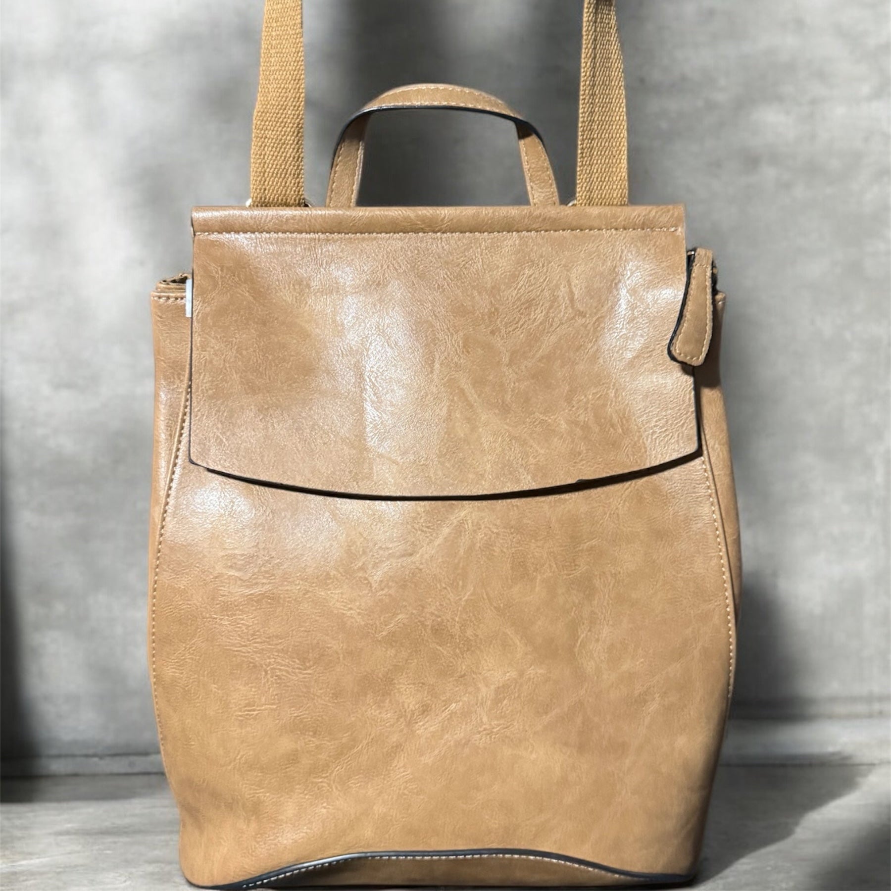 Faux Leather Flap-Over Convertible Backpack - Stone