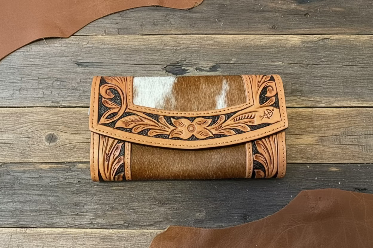 Genuine Hair-On Cowhide and Tooled Leather Wallet Bag