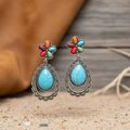 Flower with Teardrop Turquoise and Native Sun Ray Earrings