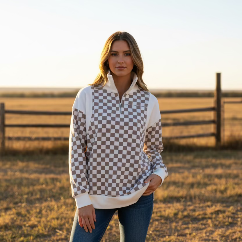 Checkered Quarter Zip Ribbed Sweatshirt