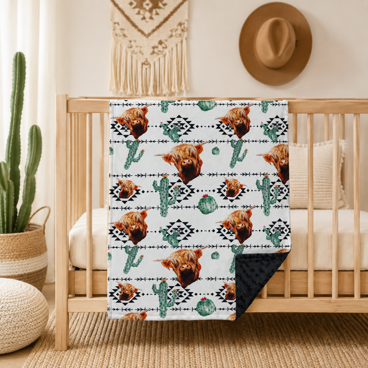 Highland Cow Cactus Pumpkin Western Baby Blanket