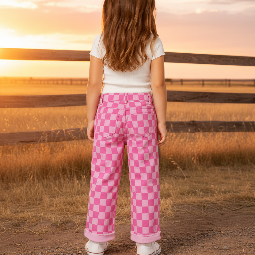 Pink Checked Hole Baby Girls Jeans