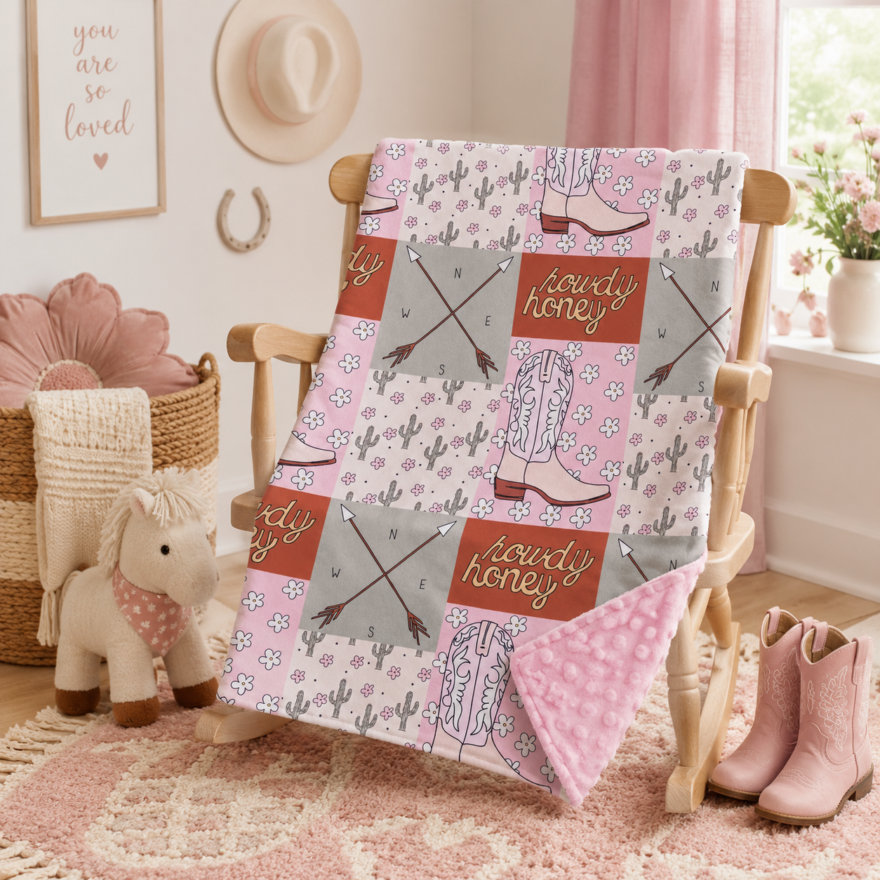 Howdy Honey Cactus Boots Plaid Girls Western Blanket