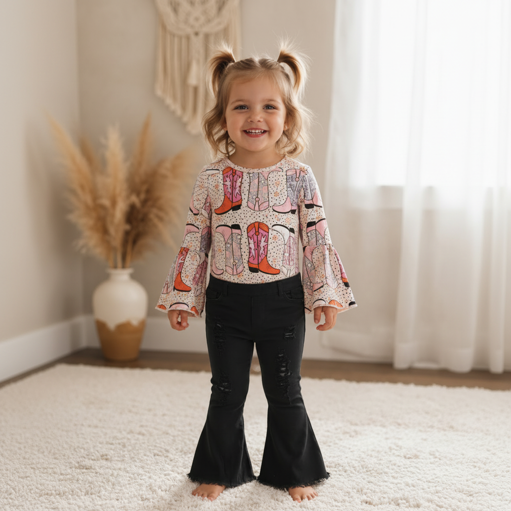 Long Sleeve Boots Print Baby Girls Romper