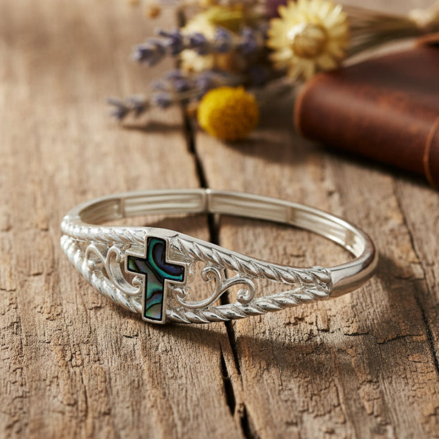 Abalone Cross Silver Bracelet