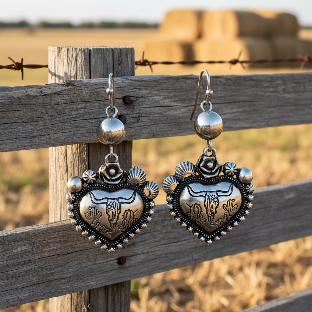 Heart Dangle Earrings with Longhorn Western Carvings