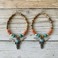Longhorn Wood Beads Hanging Hoop Western Dangle Earrings