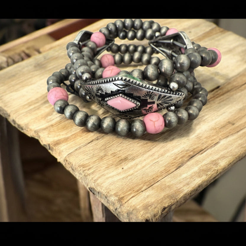 3pc Navaho Style Bead Stretch Bracelet - Pink