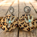 Genuine Leather Cactus Charm Earrings - Leopard Print