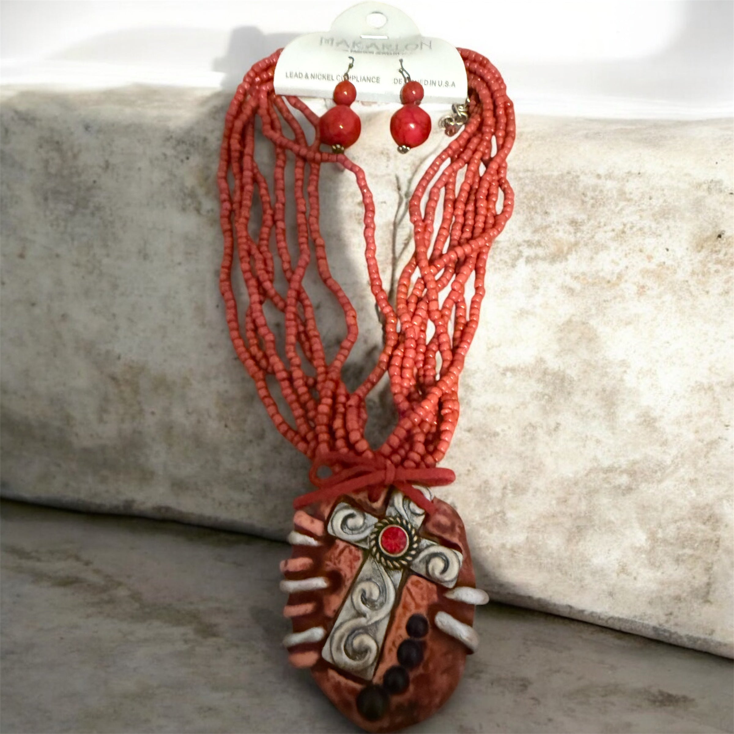 Chunky Bead Cross On Stone Western Necklace/Earrings Set