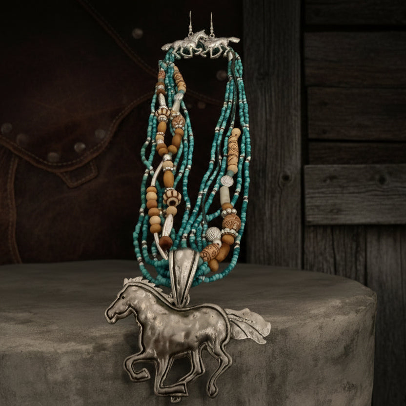 Navajo Bead Horse Pendant Necklace/Earrings Set - Turquoise