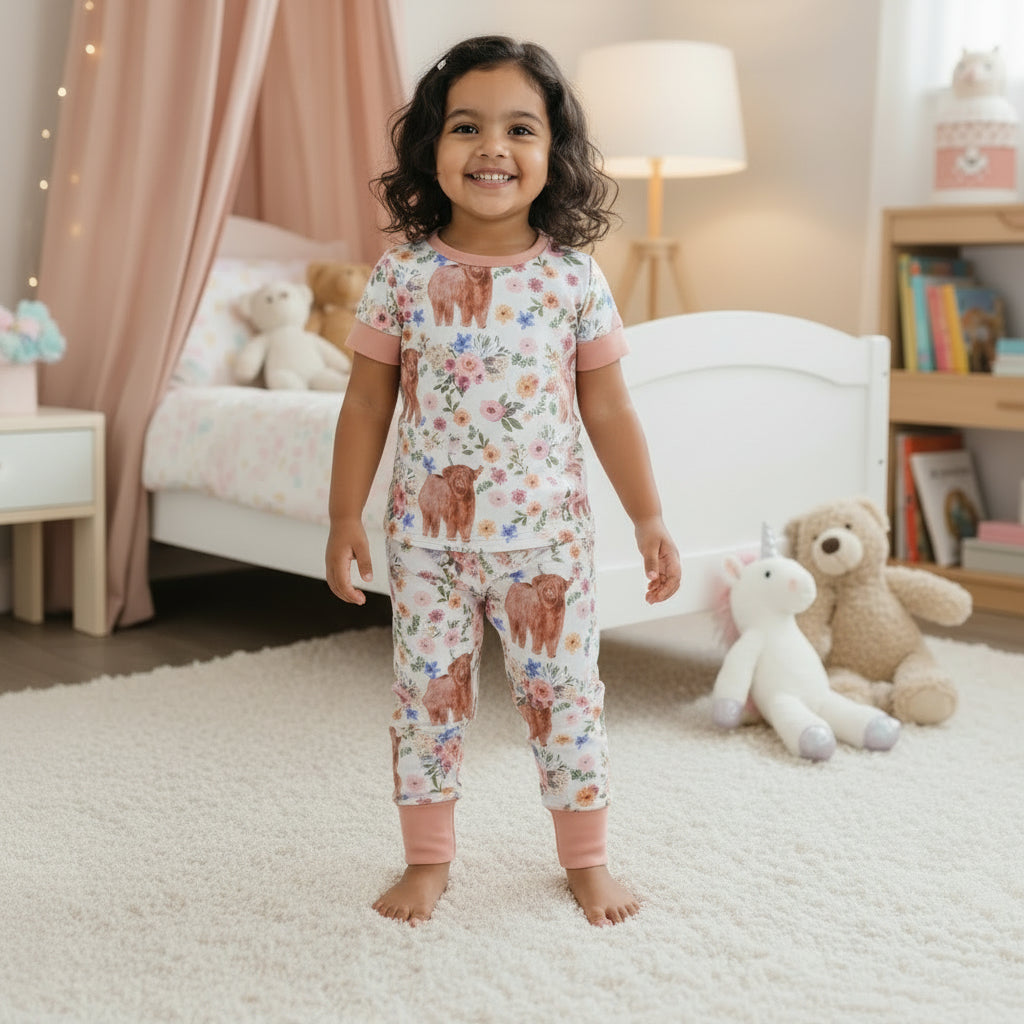 Highland Cow Floral Kids Girls Western Pajamas
