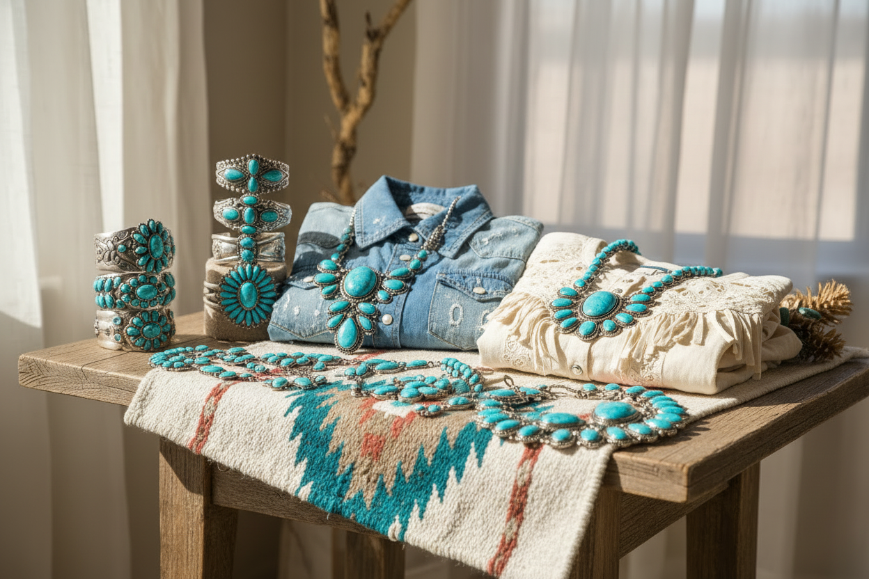 create a southwest boho western with western jewelry and cowhide handbats