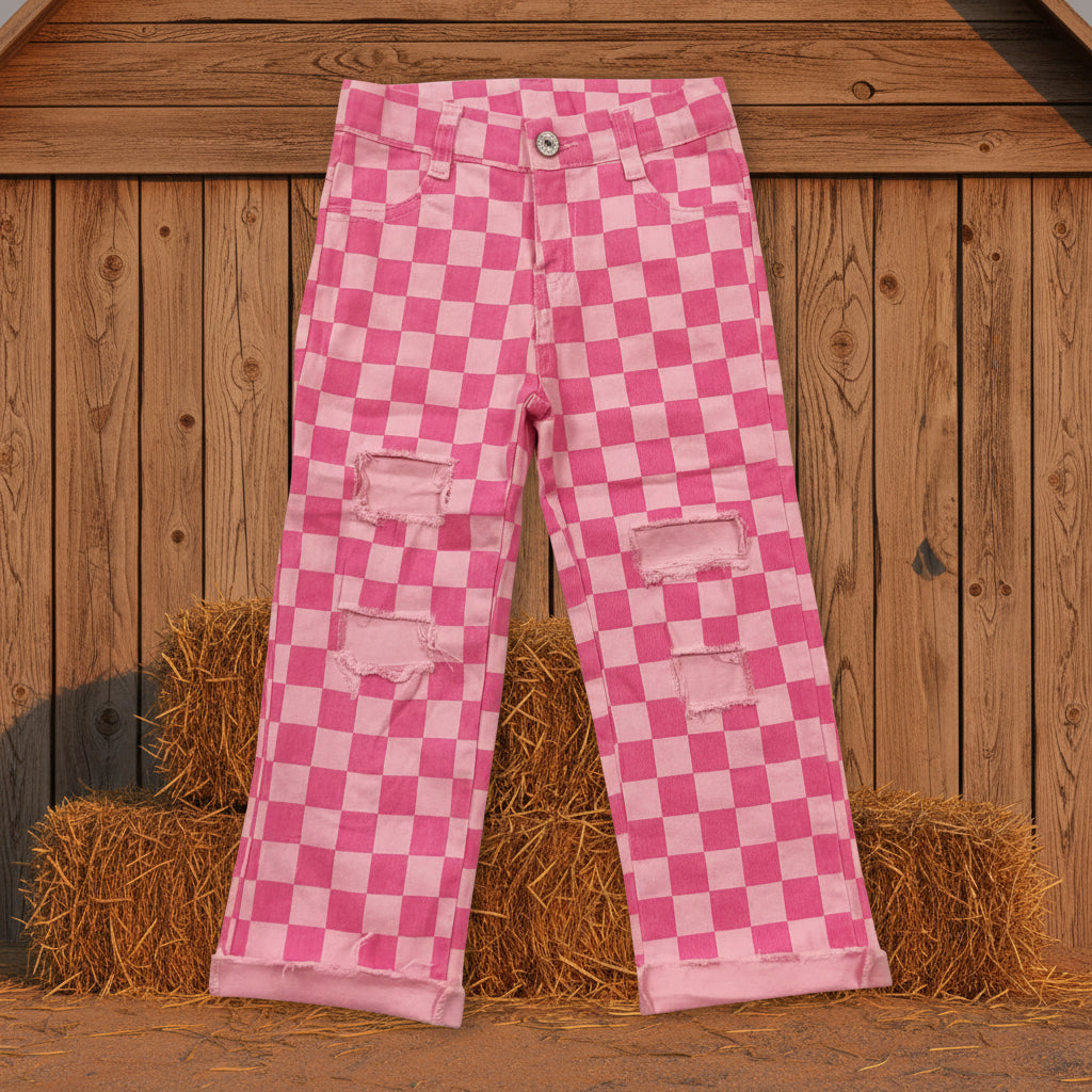 Pink Checked Hole Baby Girls Jeans