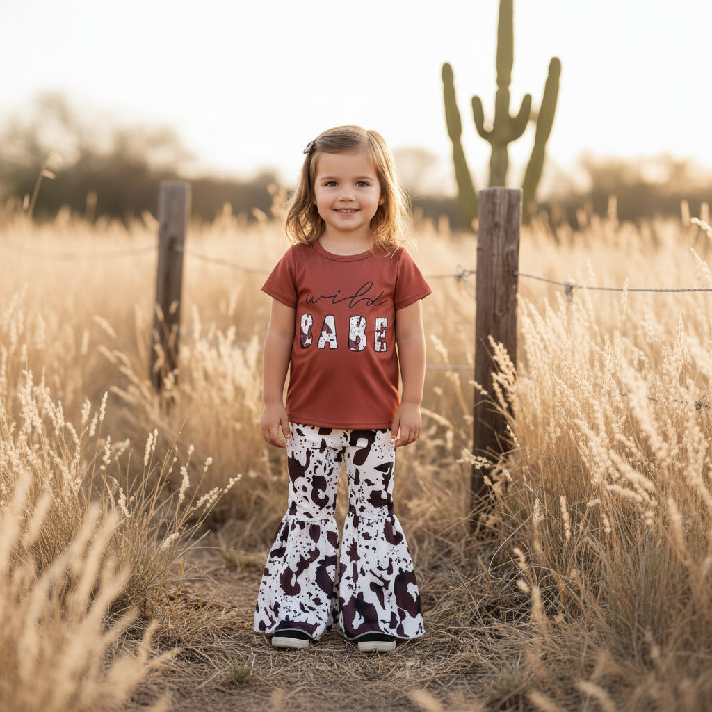 Wild Babe Shirt Cow Bell Bottom Pants Girls Western Outfits