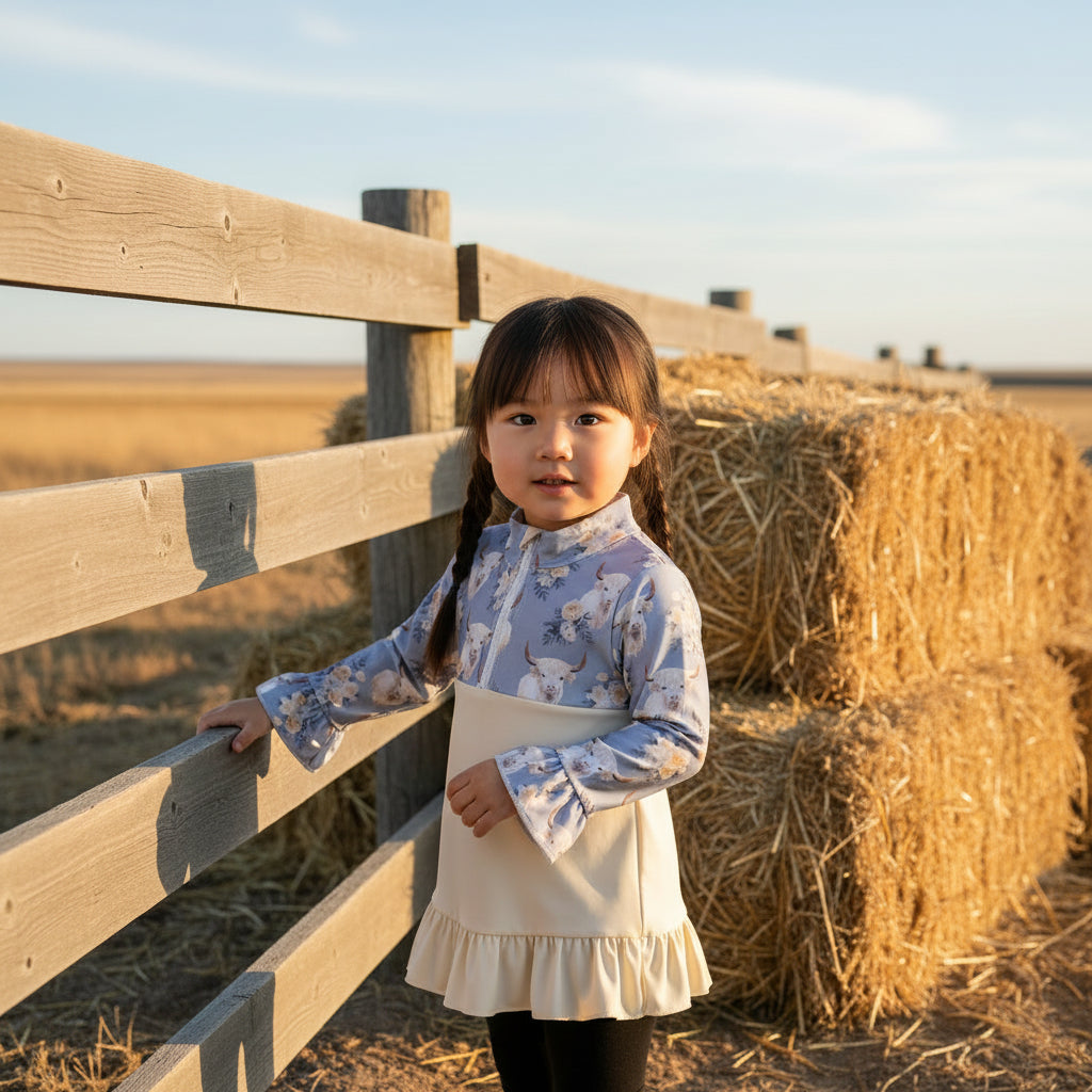 Highland Cow Floral Ruffle Baby Girls Zipper Pullover