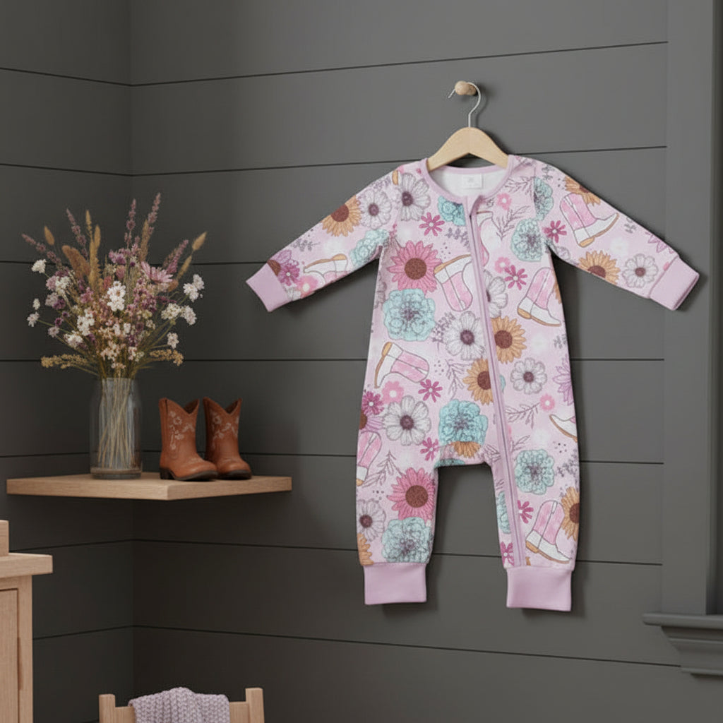 Pink Flower Boots Western Girls Pajamas