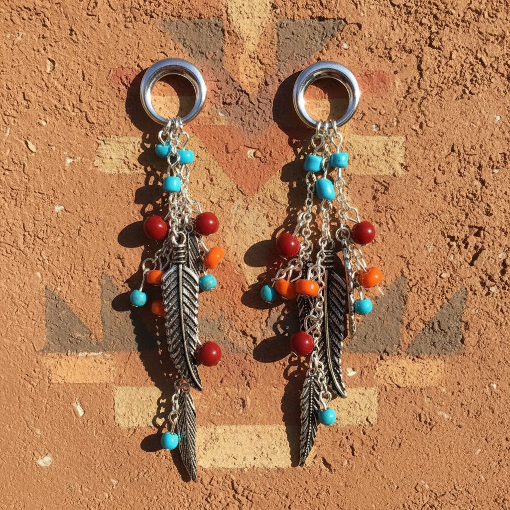 Feather Multi Beads Western Tassel Chain Dangle Earrings