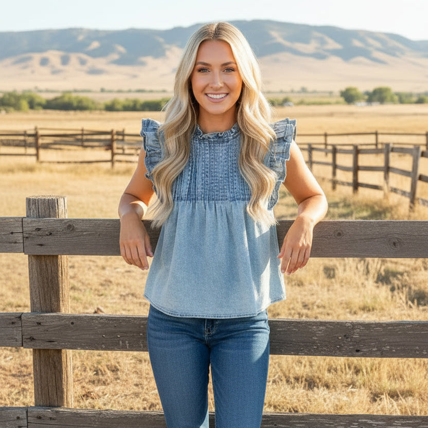 Vintage Washed Ruffle Pleated Detail Denim Top