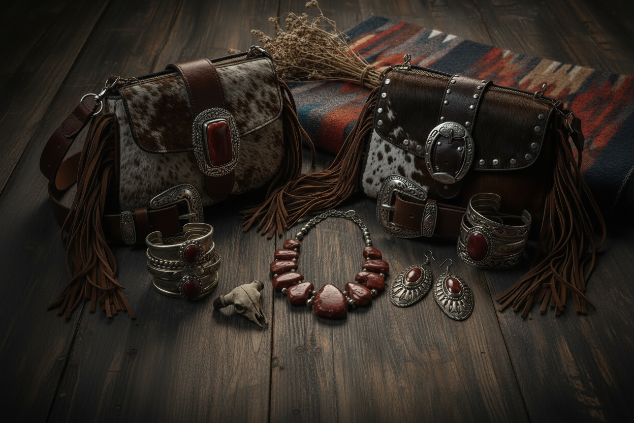 western boho theme with red bold western jewelry and cowhide purses  dark tones
